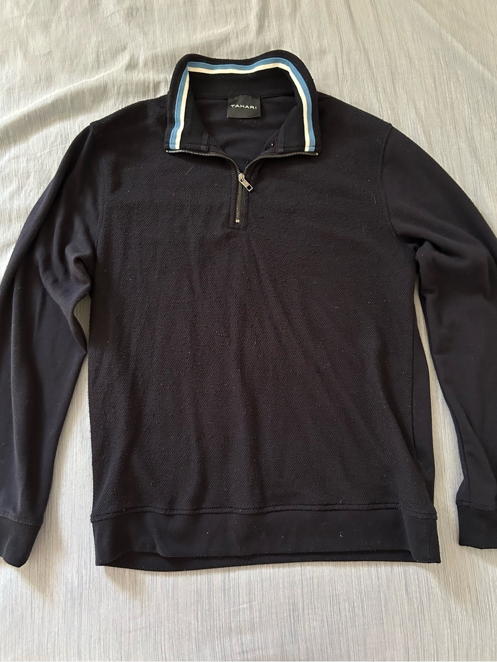 Tahari Men’s Black Quarter-Zip Sweater with Blue-Trim Collar